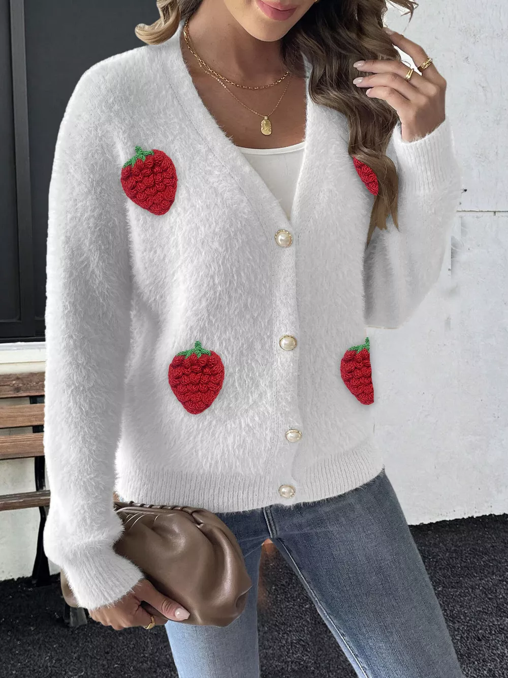 Strawberry Fuzzy Knit Cardigan, image 10