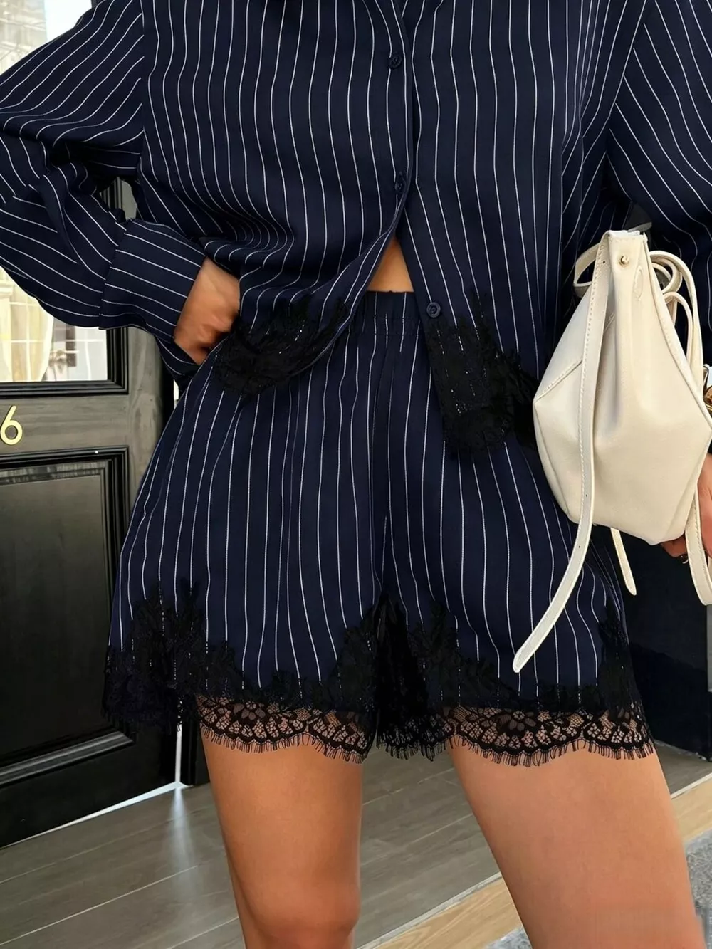 Lace Trim Striped Button-Down Shirt and Shorts Set, image 10
