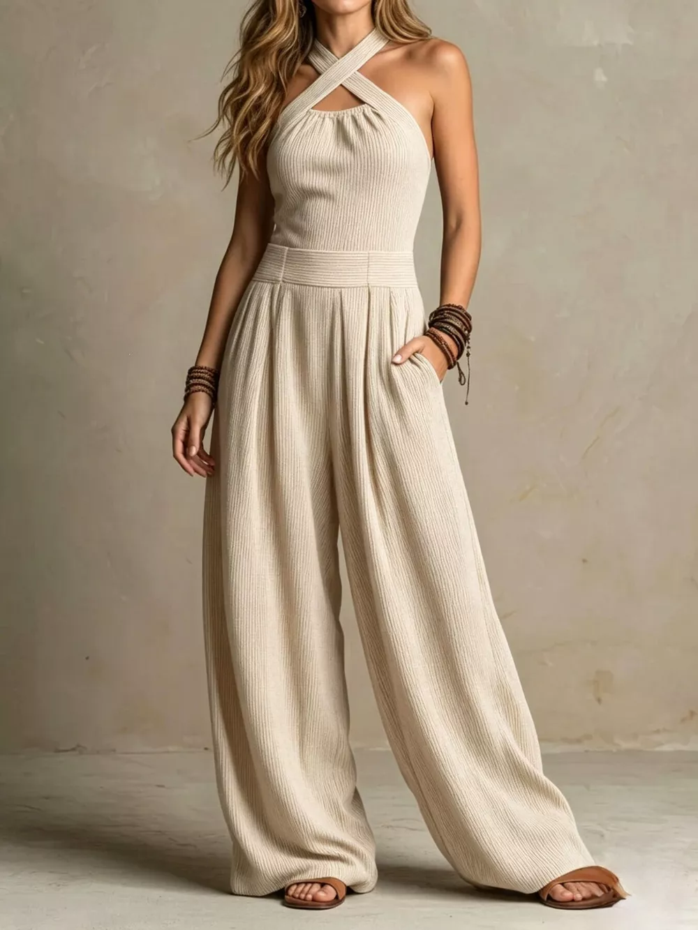 Halter Neck Wide-Leg Jumpsuit with Pockets, image 8
