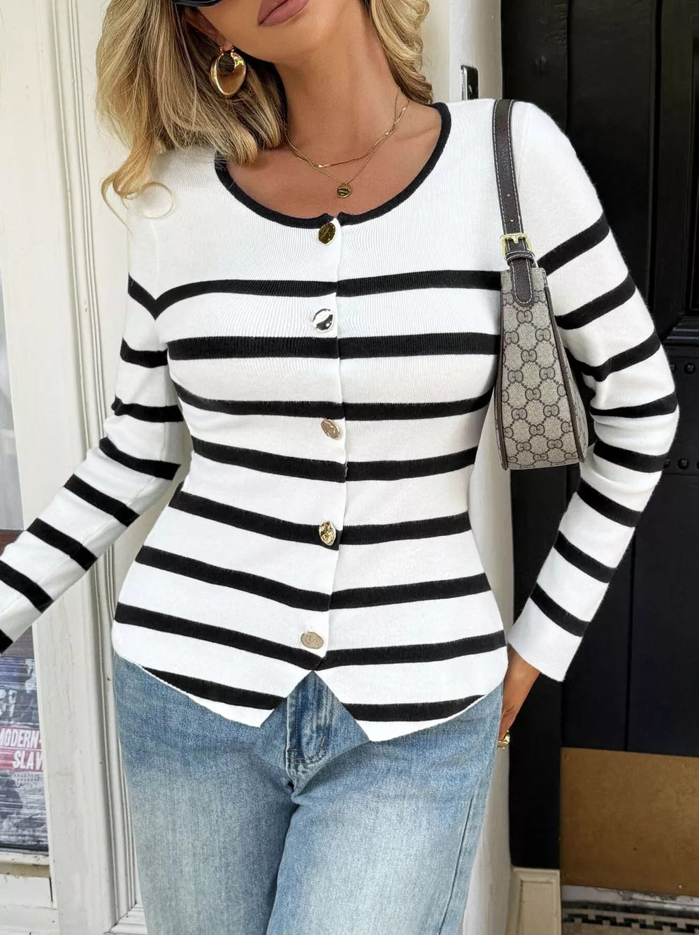 Striped Button-Up Knit Cardigan, image 4