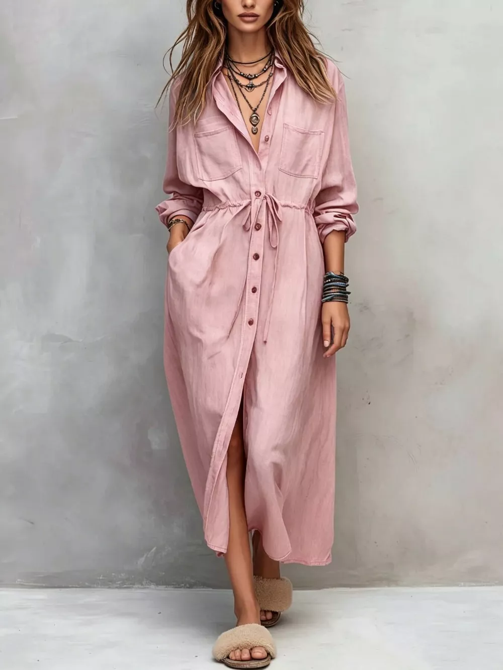 Full Size Button Front Long Sleeve Shirt Dress Plus Size, image 14