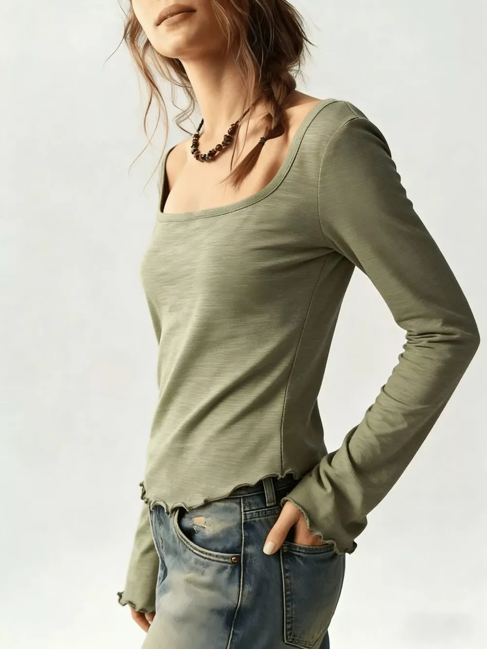 Long Sleeve Square Neck Slim-Fit T-Shirt, image 9