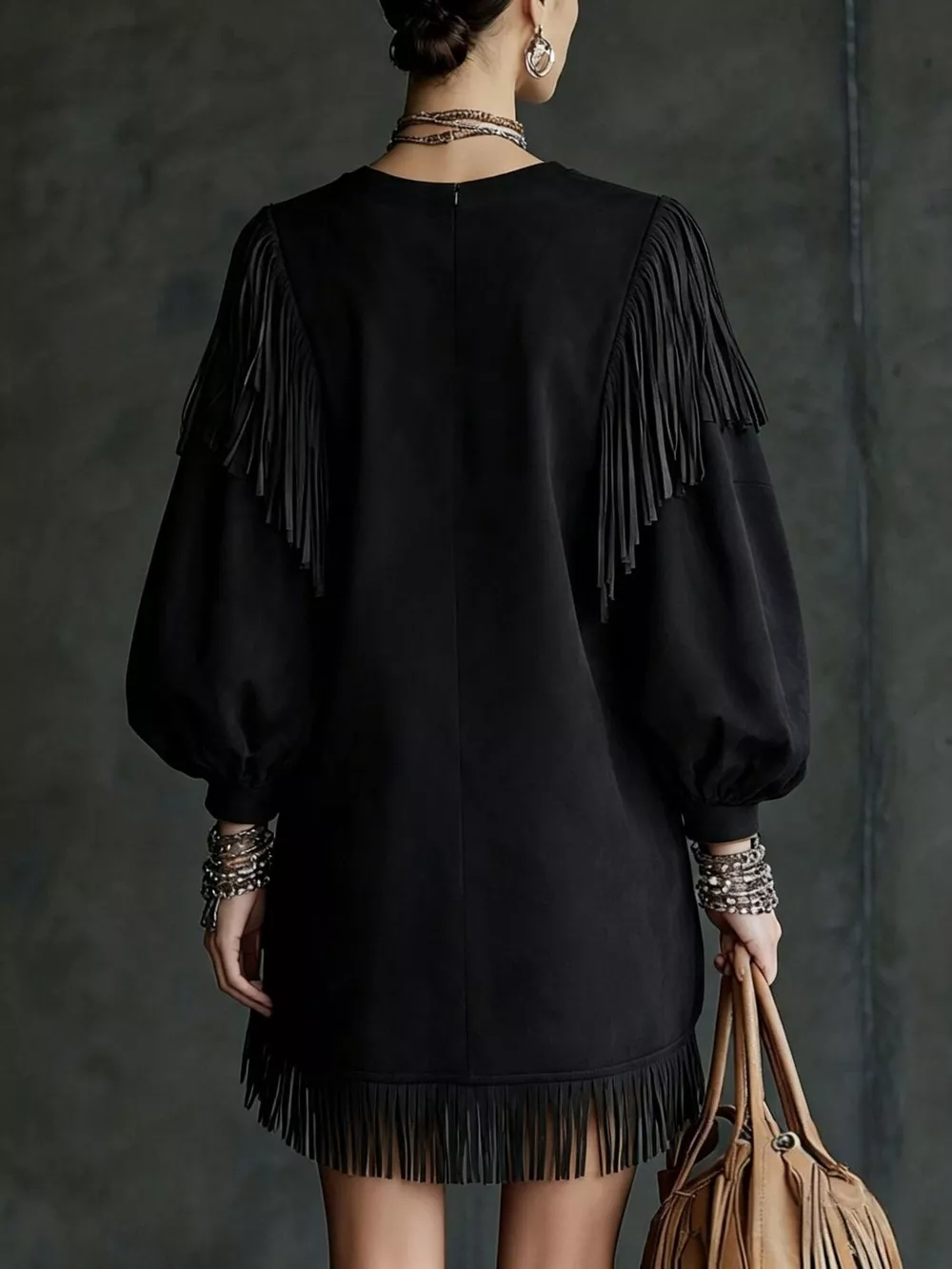Fringe Detail Lantern Sleeve Mini Dress, image 3