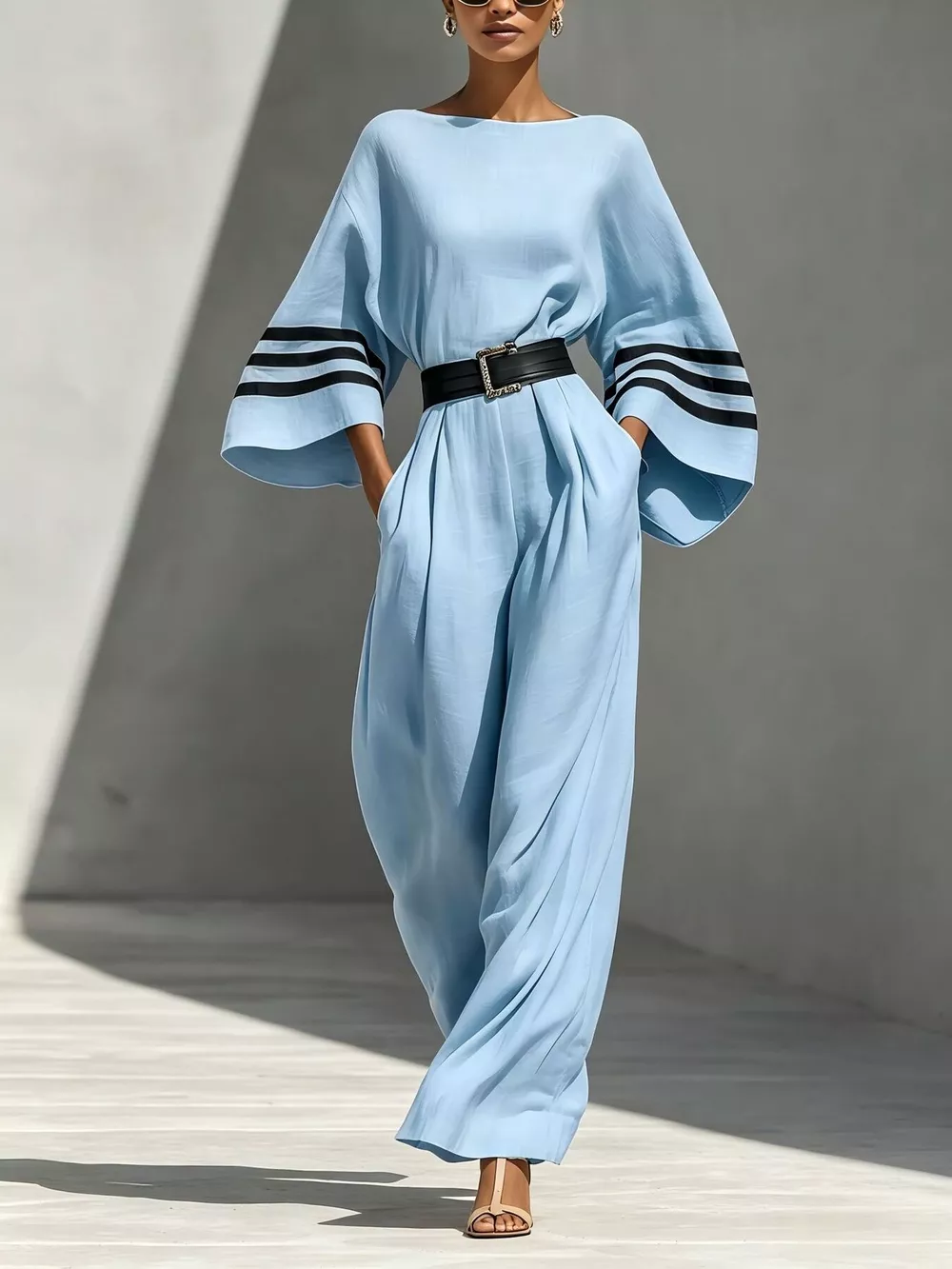 Wide Sleeve and Contrast Striped Jumpsuit, image 4