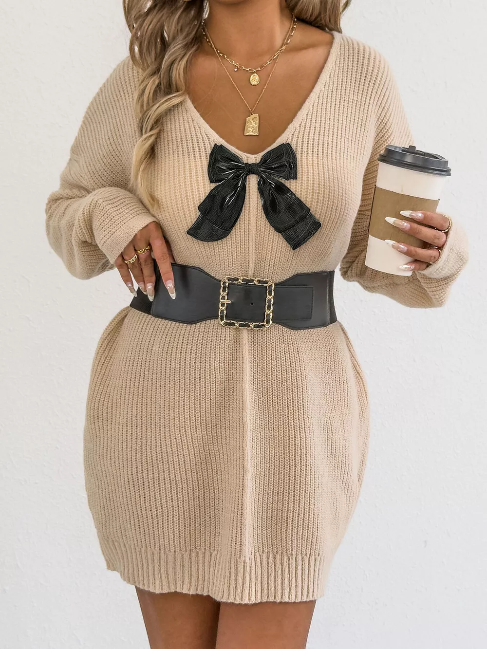 Bow Ribbed Knit Sweater Dress, image 8