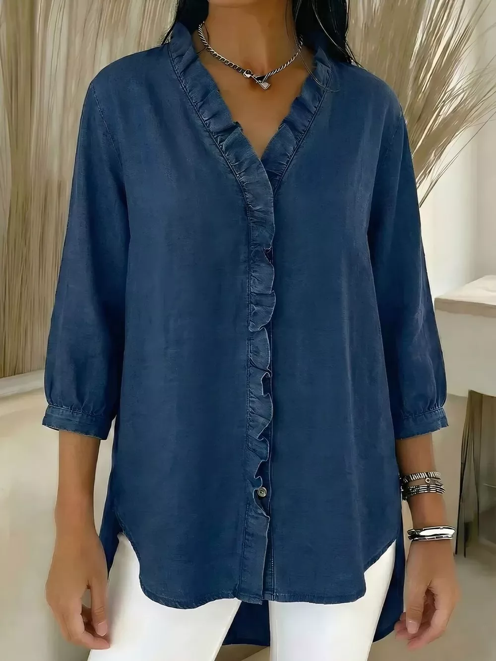 Full Size V-Neck Ruffled Button Down Shirt Plus Size, image 11
