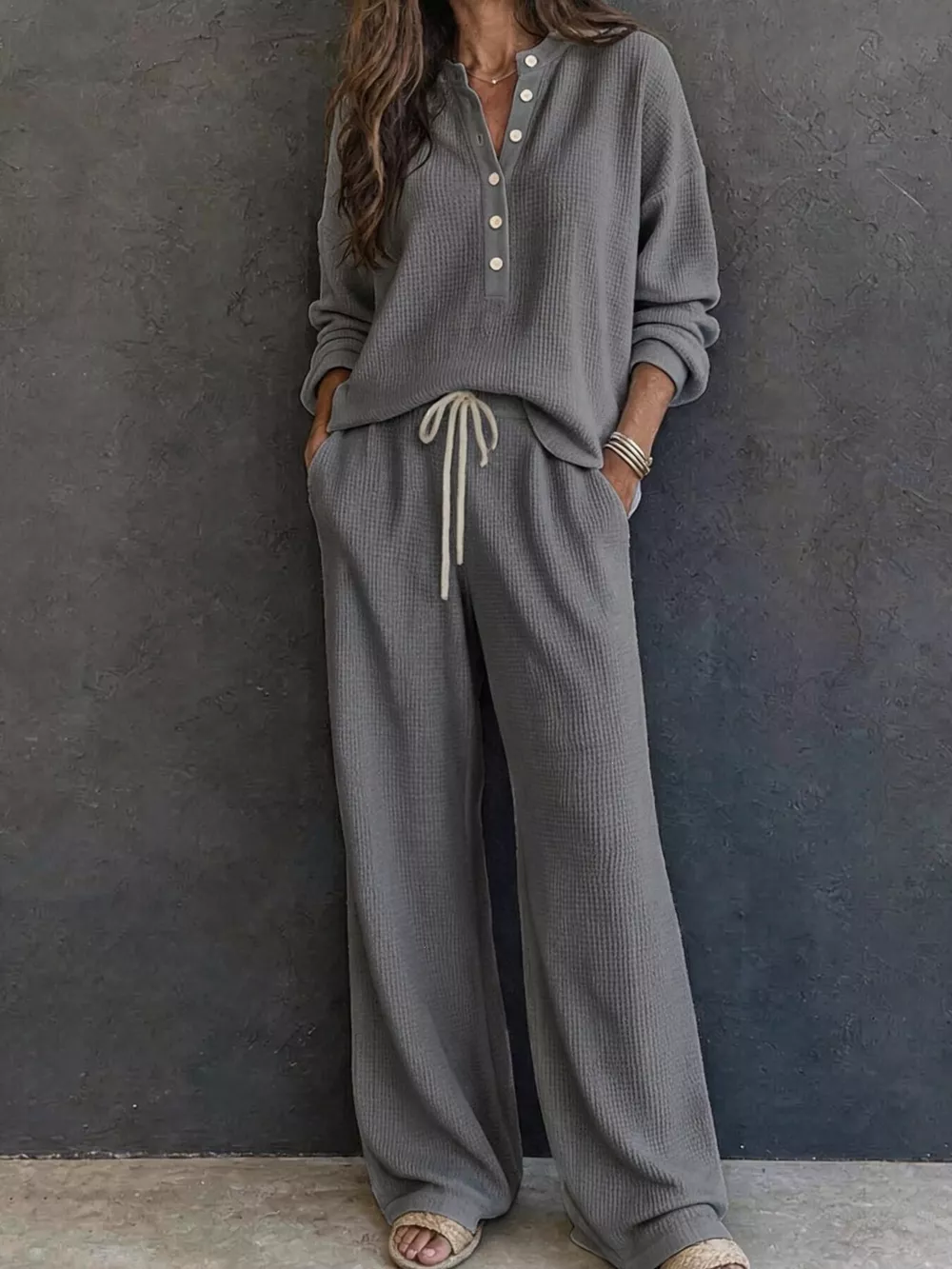 Waffle Knit Button Detail Top and Pants Set, image 15