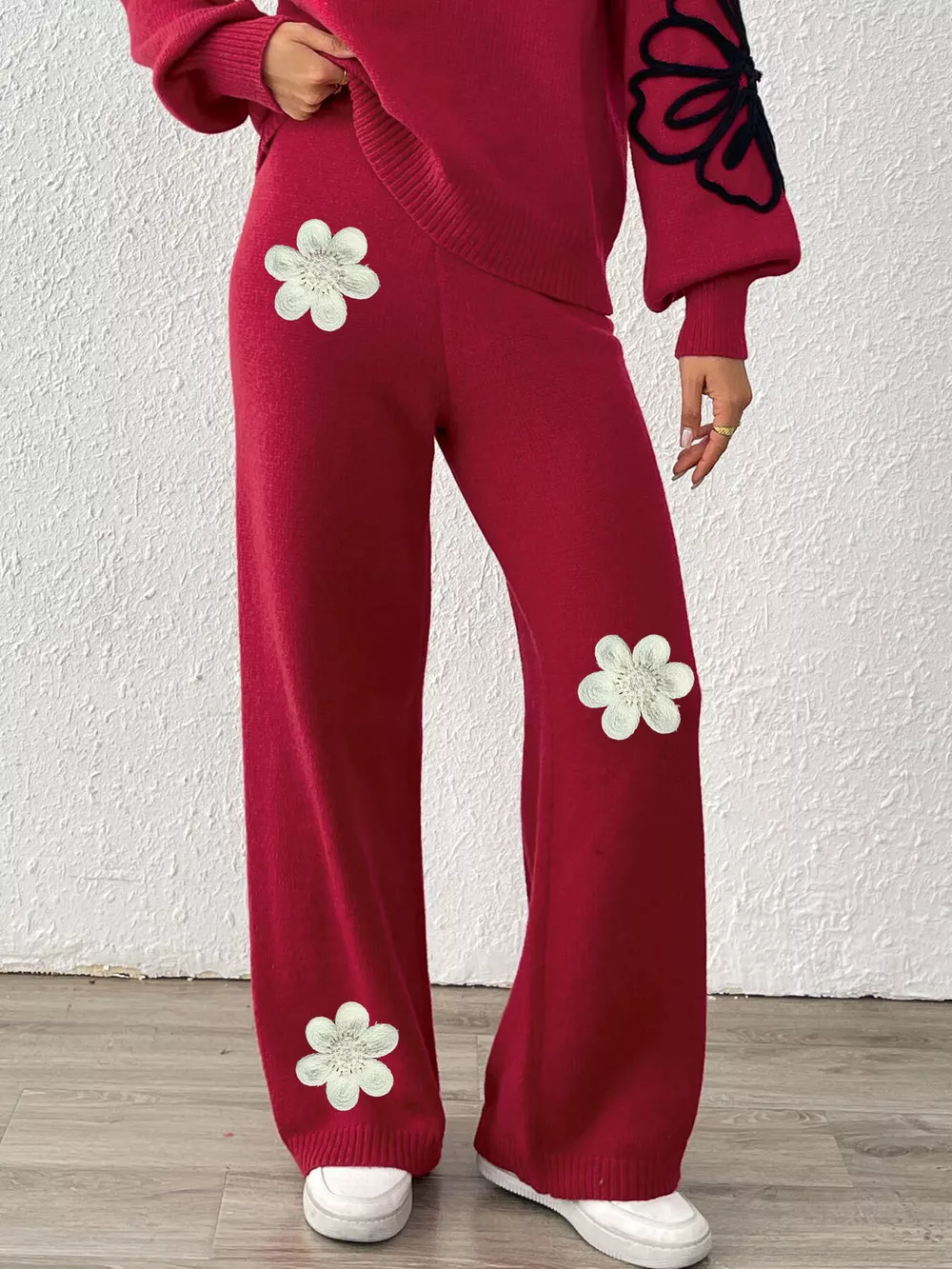 High-Waisted Wide-Leg Sweater Pants with Floral Beaded Decor, image 8