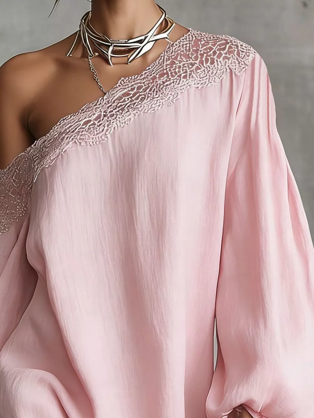 One-Shoulder Lace Trimmed Puff Sleeve Mini Dress, image 2