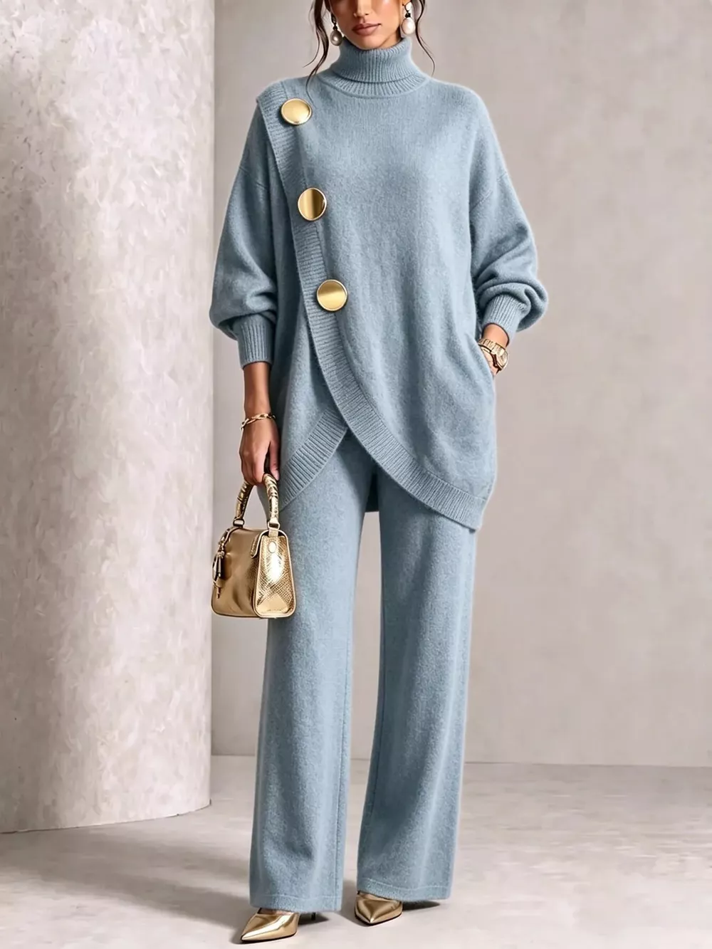 Gold Button Accent Turtleneck Sweater and Pants Set, image 5