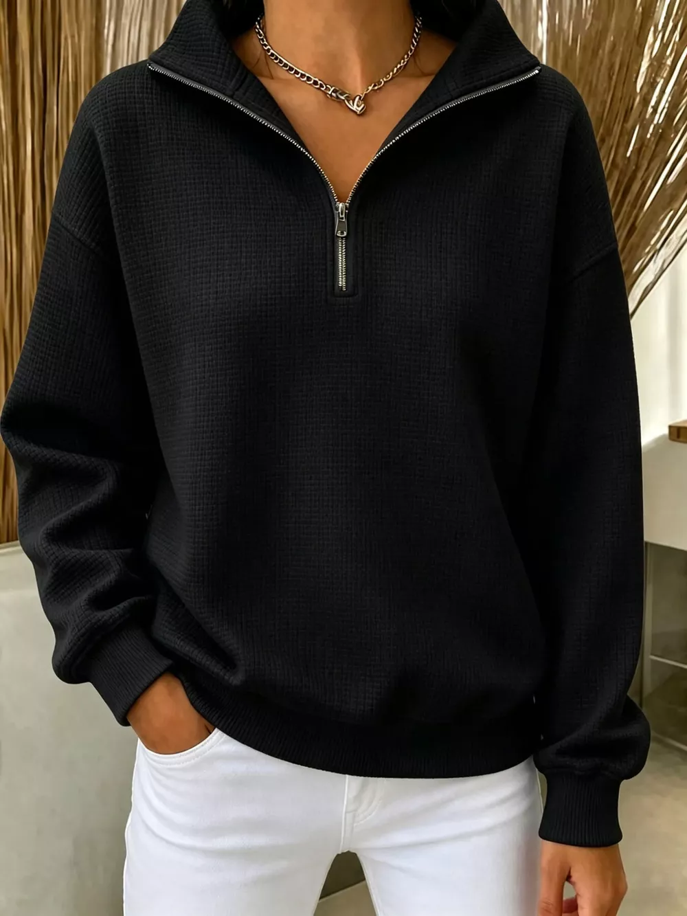 Full Size Waffle Knit Quarter-Zip Sweatshirt Plus Size