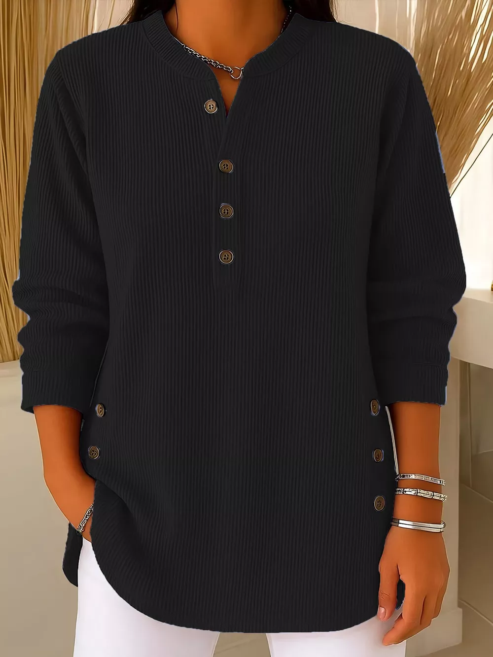 Full Size Ribbed Half Button Henley Top Plus Size, image 8