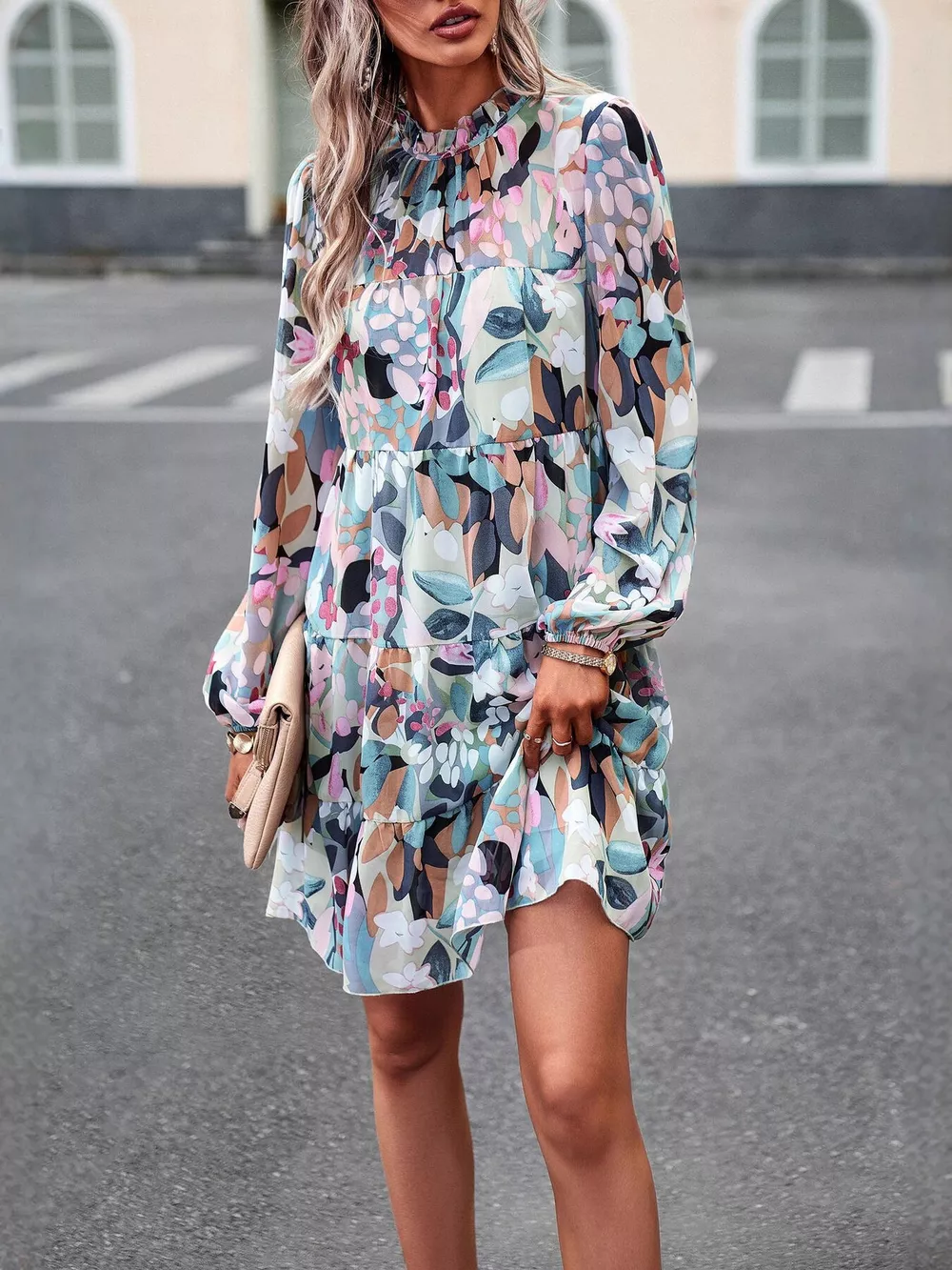 Printed Long Sleeve Mini Dress, image 4