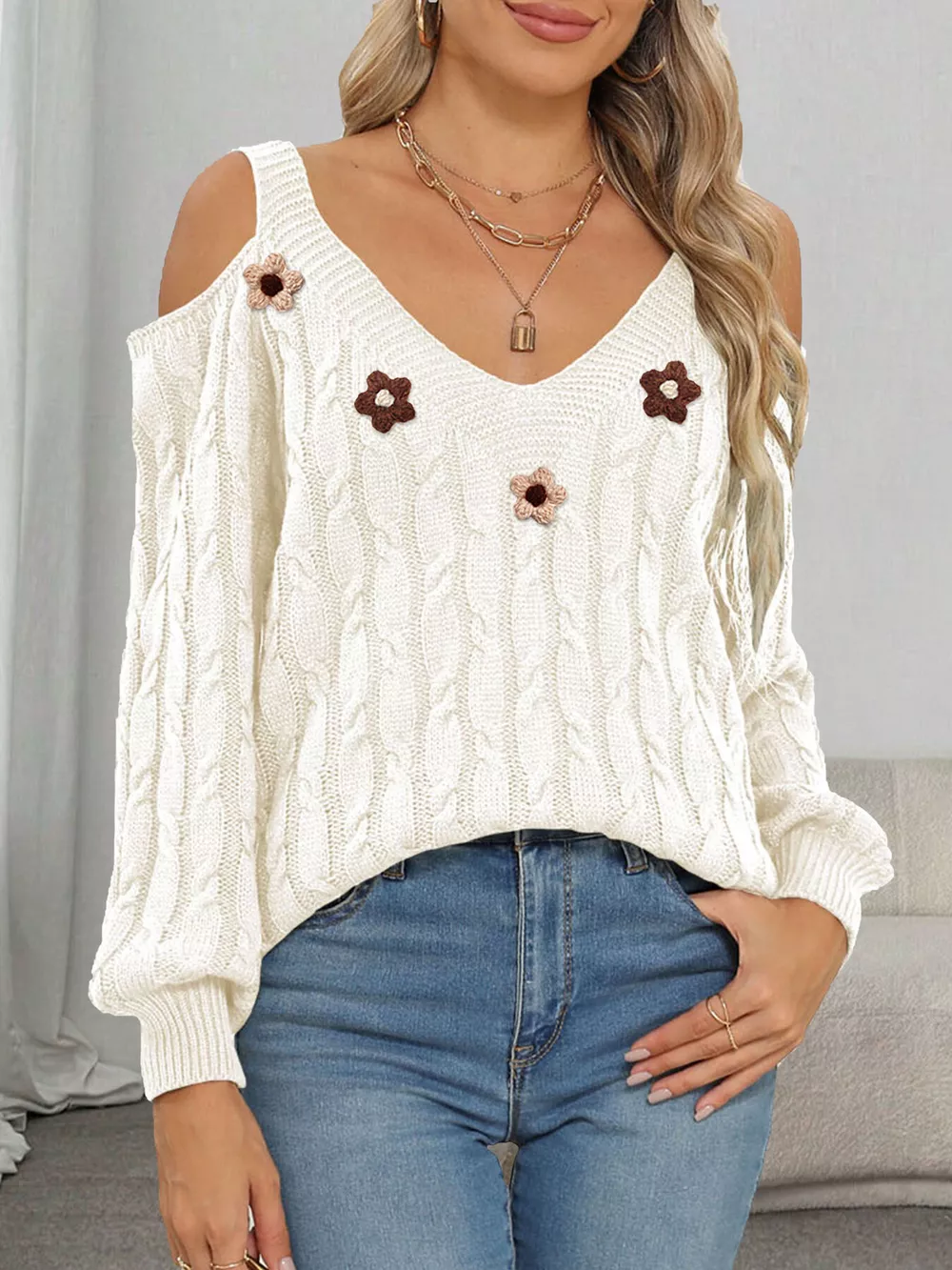 Floral Applique Cold Shoulder Cable Knit Sweater, image 13