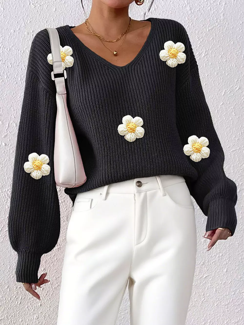 Floral Applique V-Neck Sweater, image 8