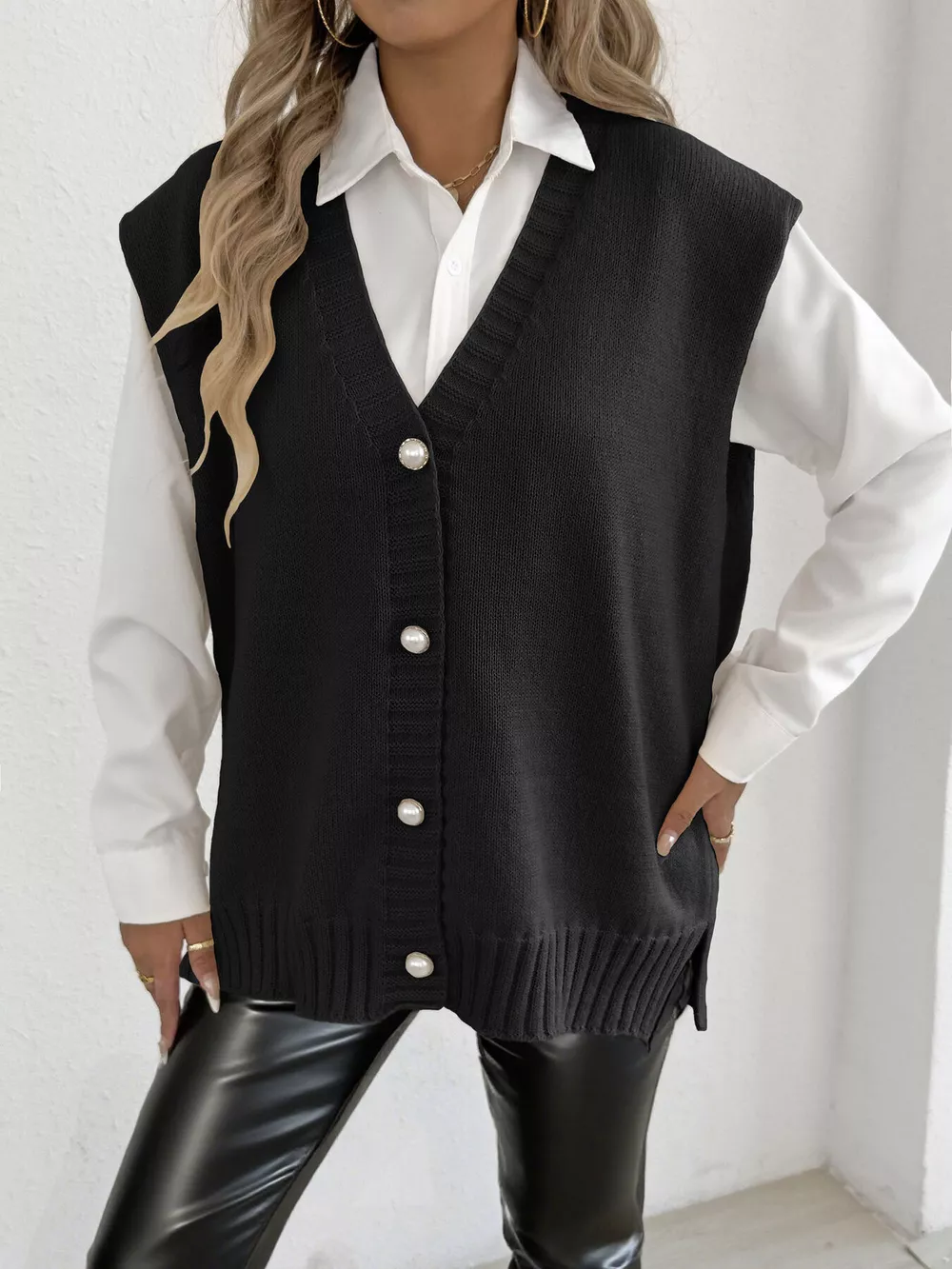 V-Neck Button-Front Knit Sweater Vest, image 7