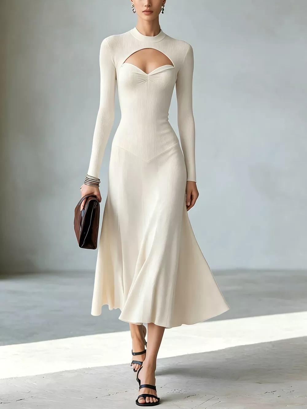 Full Size Mock Neck Cut-Out Long Sleeve Midi Dress Plus Size, image 7