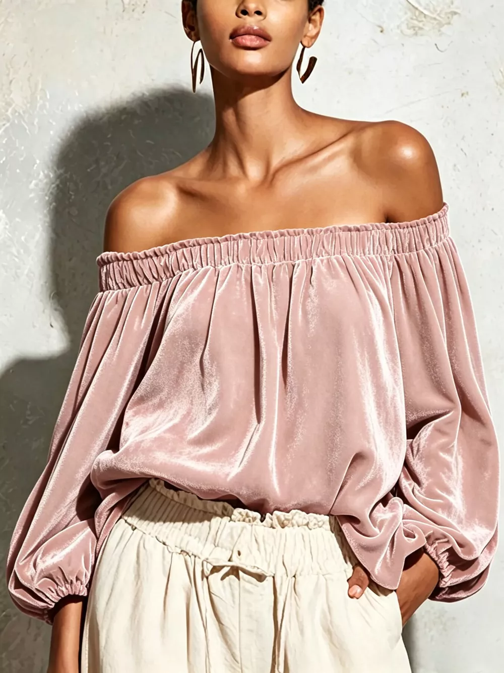Off-Shoulder Velvet Long Sleeve T-Shirt, image 7