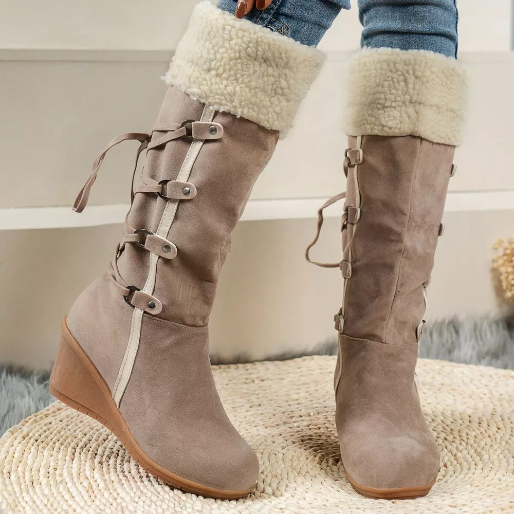 Faux Fur Lined Suede Wedge Boots with Lace-Up Detail