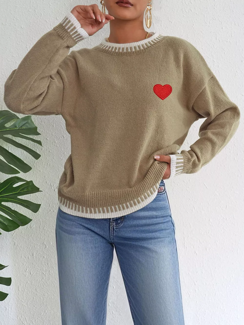 Heart-Embroidered Contrast Trim Sweater, image 2