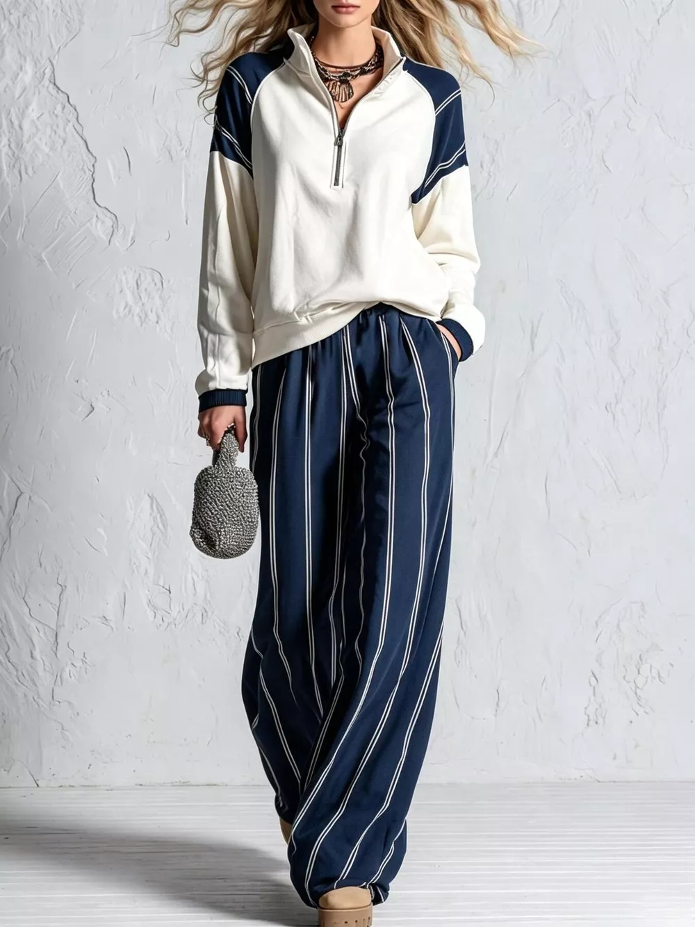 Quarter-Zip Sweatshirt and Striped Wide-Leg Pants Set, image 3