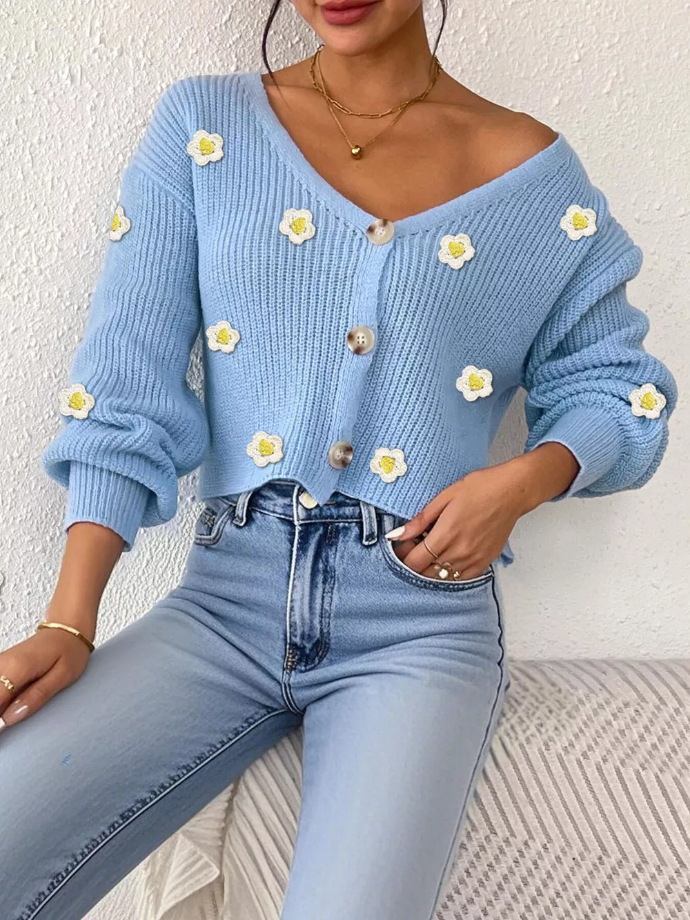 Floral V-Neck Button-Down Cropped Cardigan, image 10