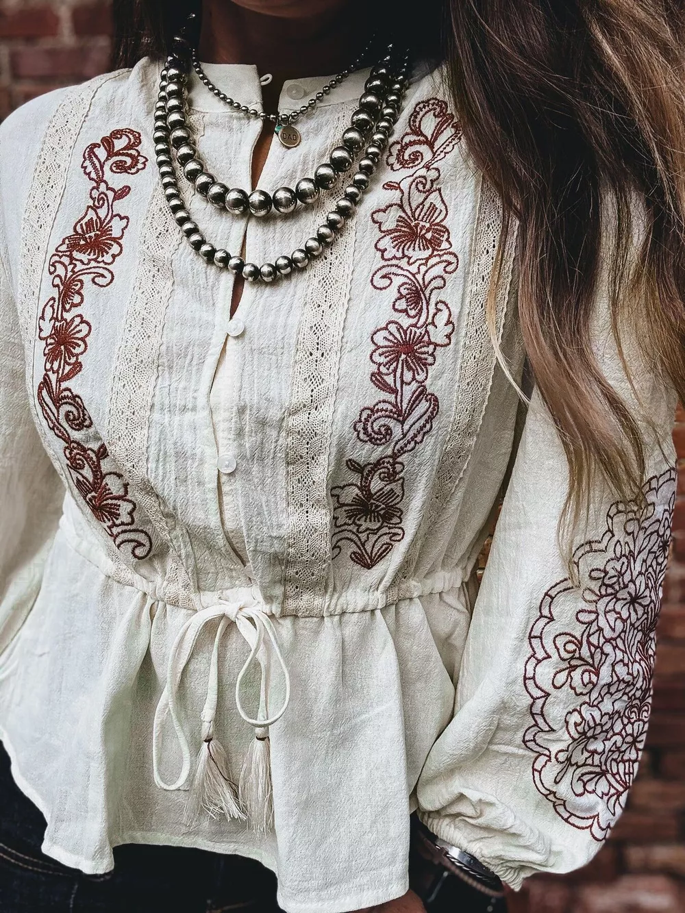 Embroidered Drawstring Waist Blouse, image 3