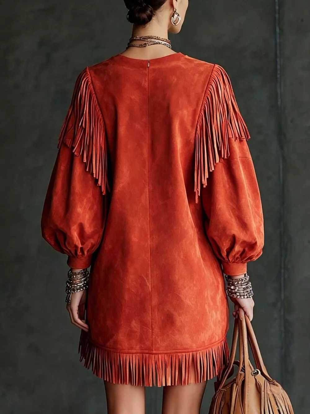 Fringe Detail Lantern Sleeve Mini Dress, image 6