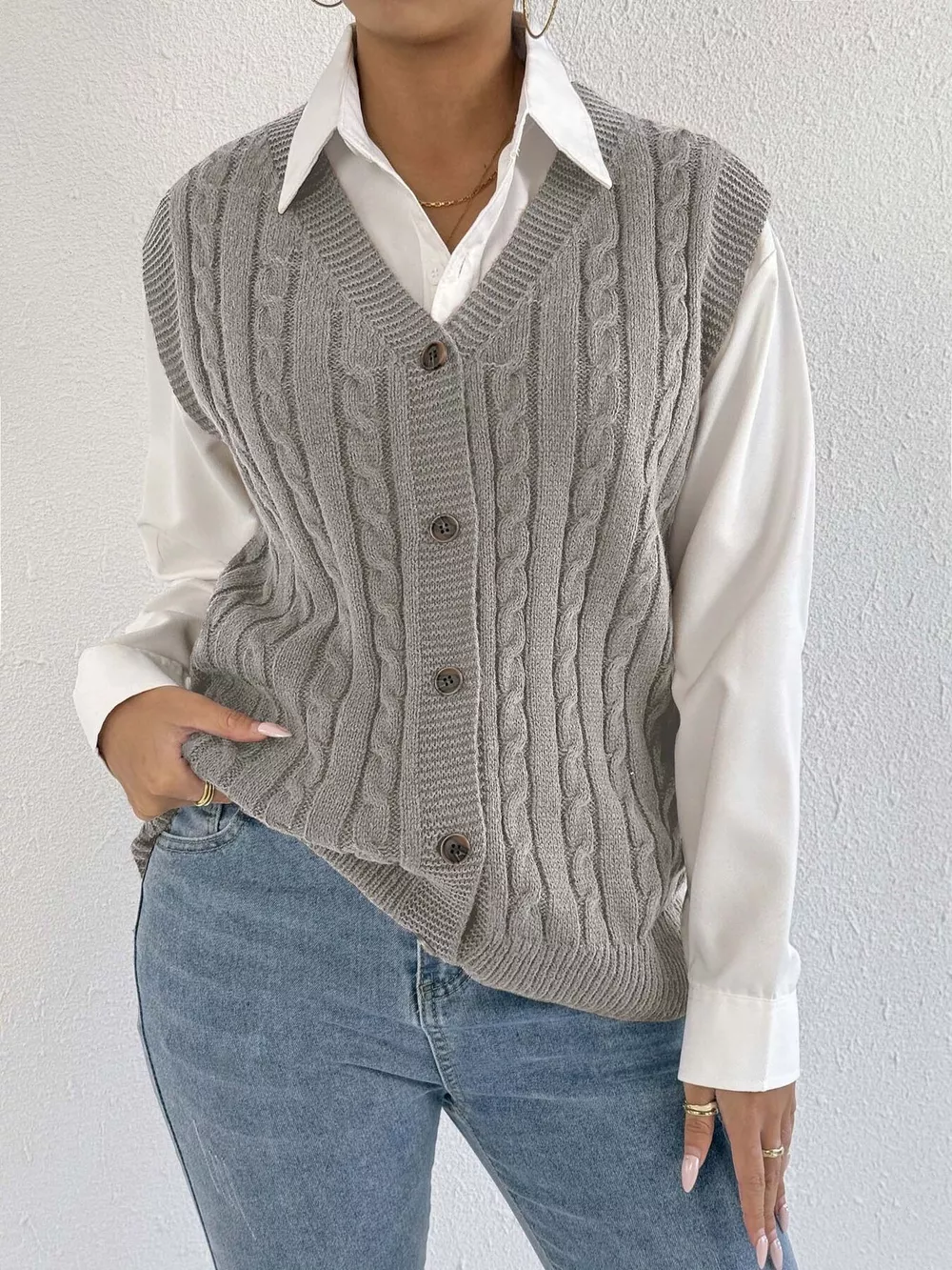 Cable-Knit Button-Up Sweater Vest, image 13