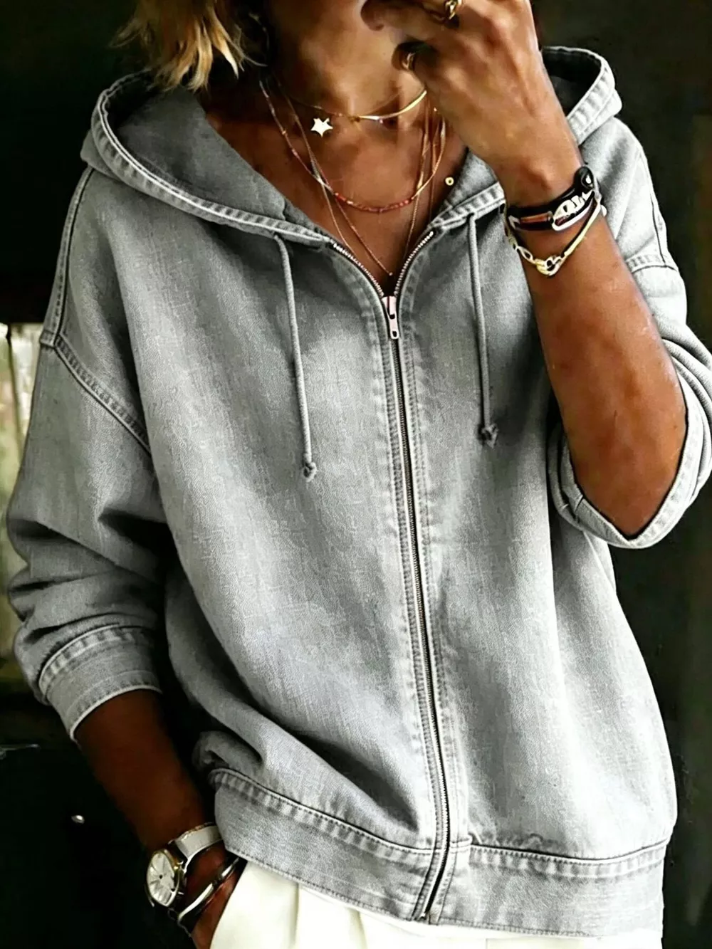 Full Size Zip-Up Dropped Shoulder Hoodie Plus Size, image 7