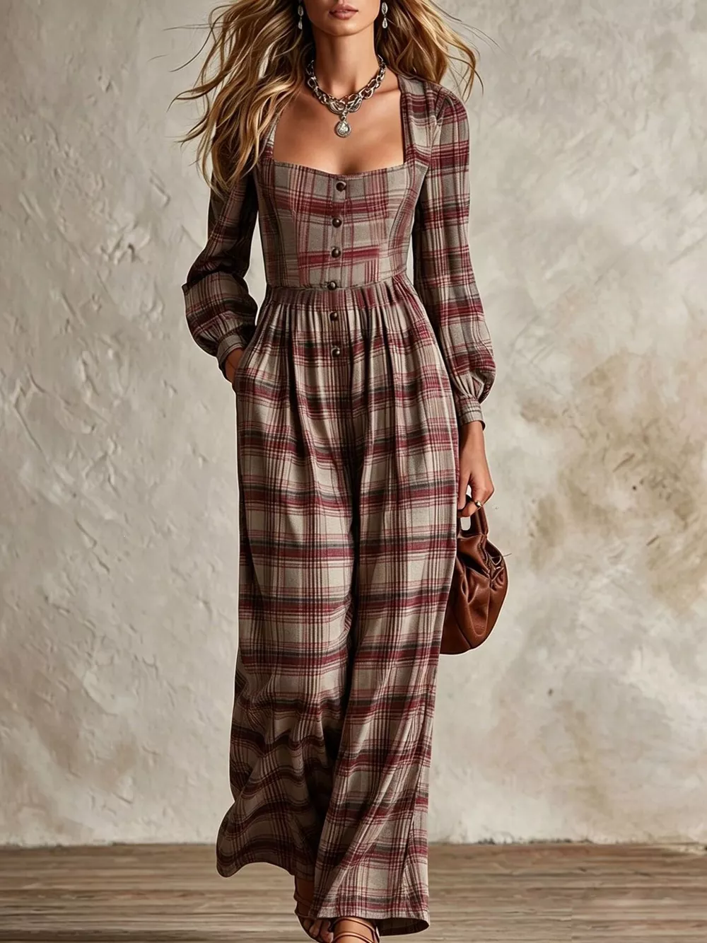 Plaid Square Neck Long Sleeve Wide Leg Jumpsuit, image 7