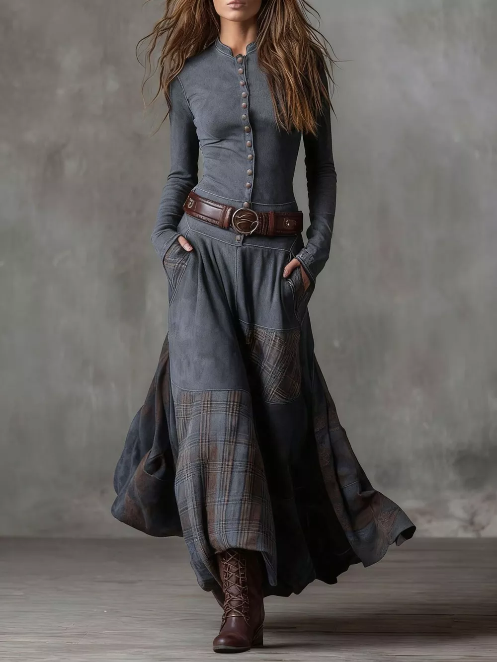 Full Size Plaid Button Front Long Sleeve Dress Plus Size, image 7