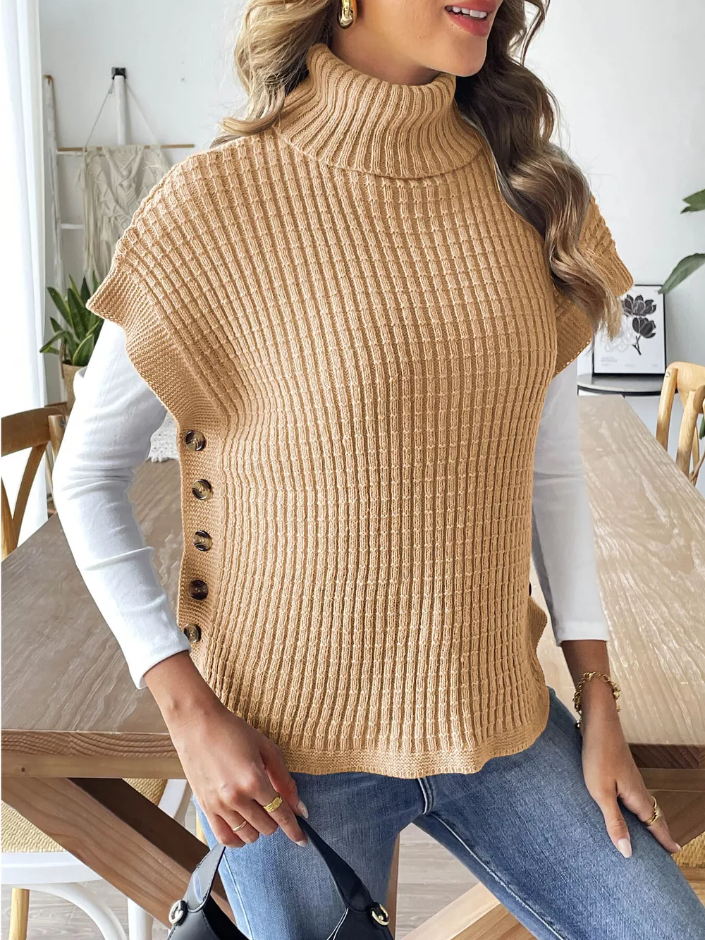 Ribbed Turtleneck Sweater with Side Button Detail, image 8