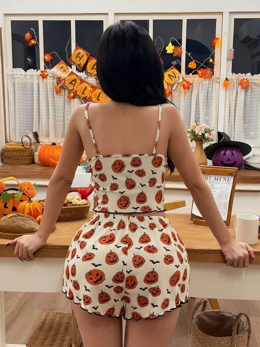 Halloween Pumpkin Print Cami and Shorts Lounge Set, image 4