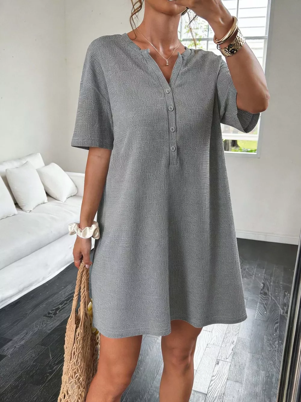 Button-Front Short Sleeve Dress, image 3