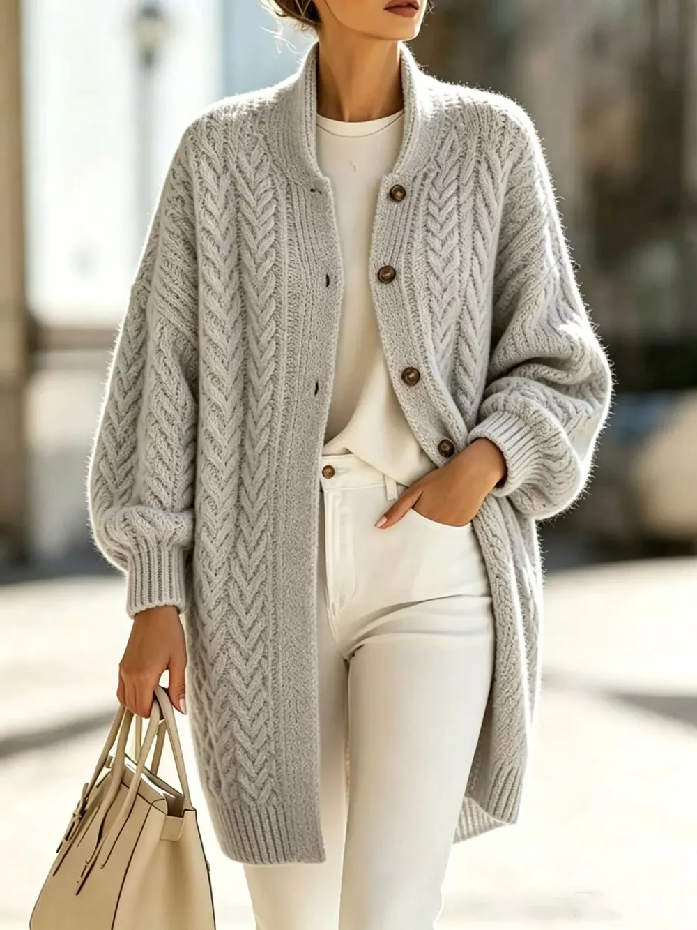 Full Size Cable-Knit Button-Down Cardigan Plus Size, image 7