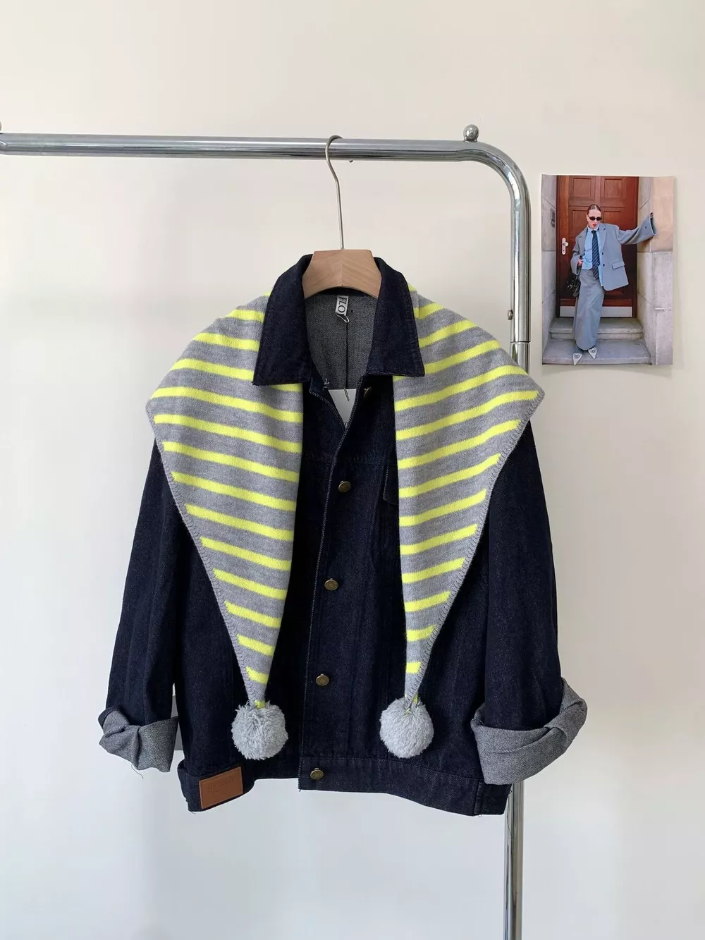 Striped Knitted Scarf with Pom-poms, image 4