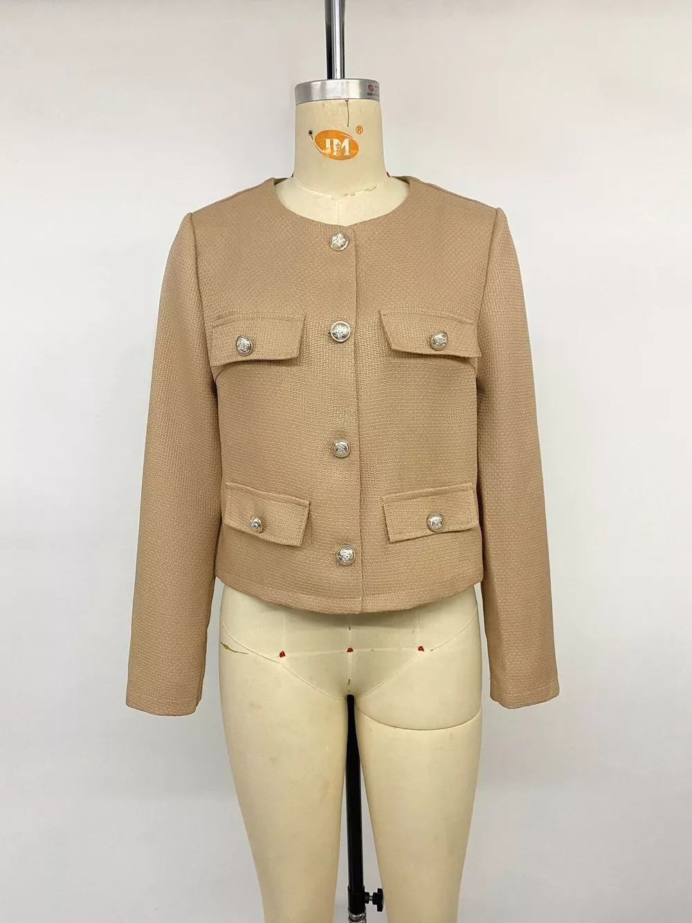 Textured Cropped Jacket with Gold-Tone Button, image 14