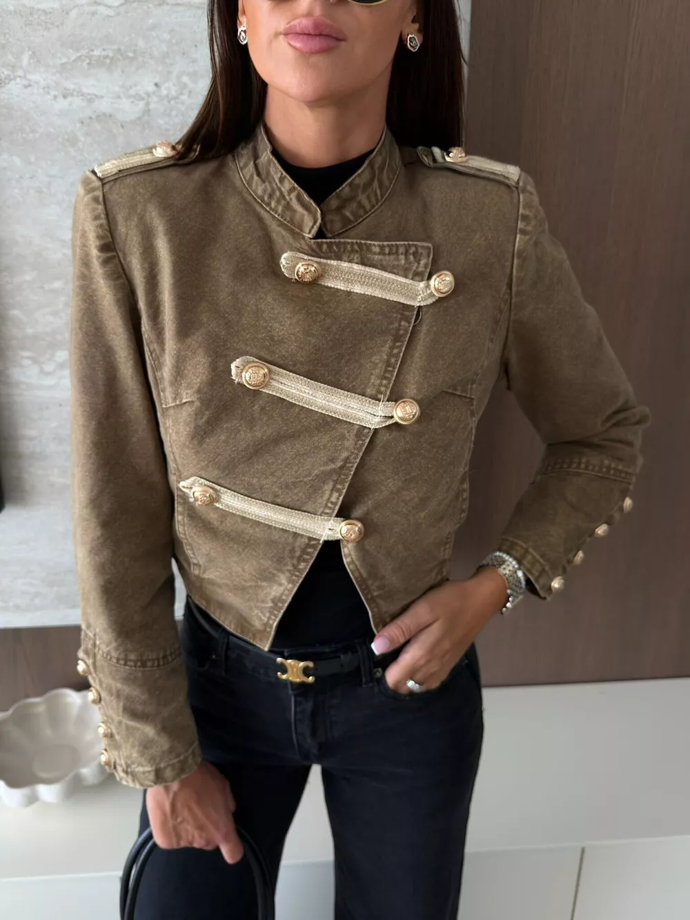 Button Detail Cropped Denim Jacket