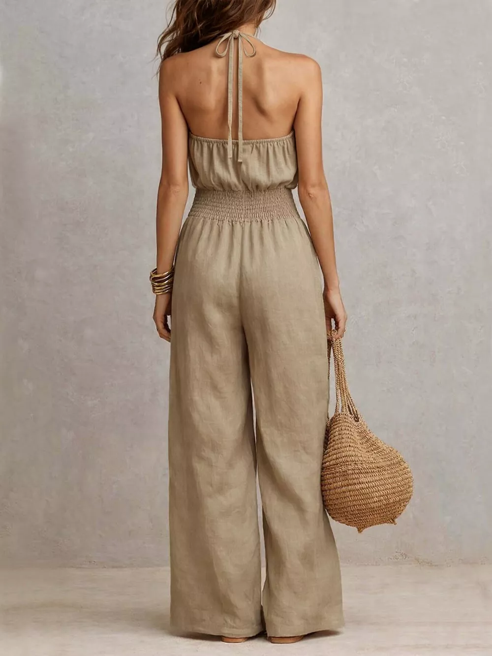 Halter Neck Wide-Leg Jumpsuit with Smocked Waist, image 5