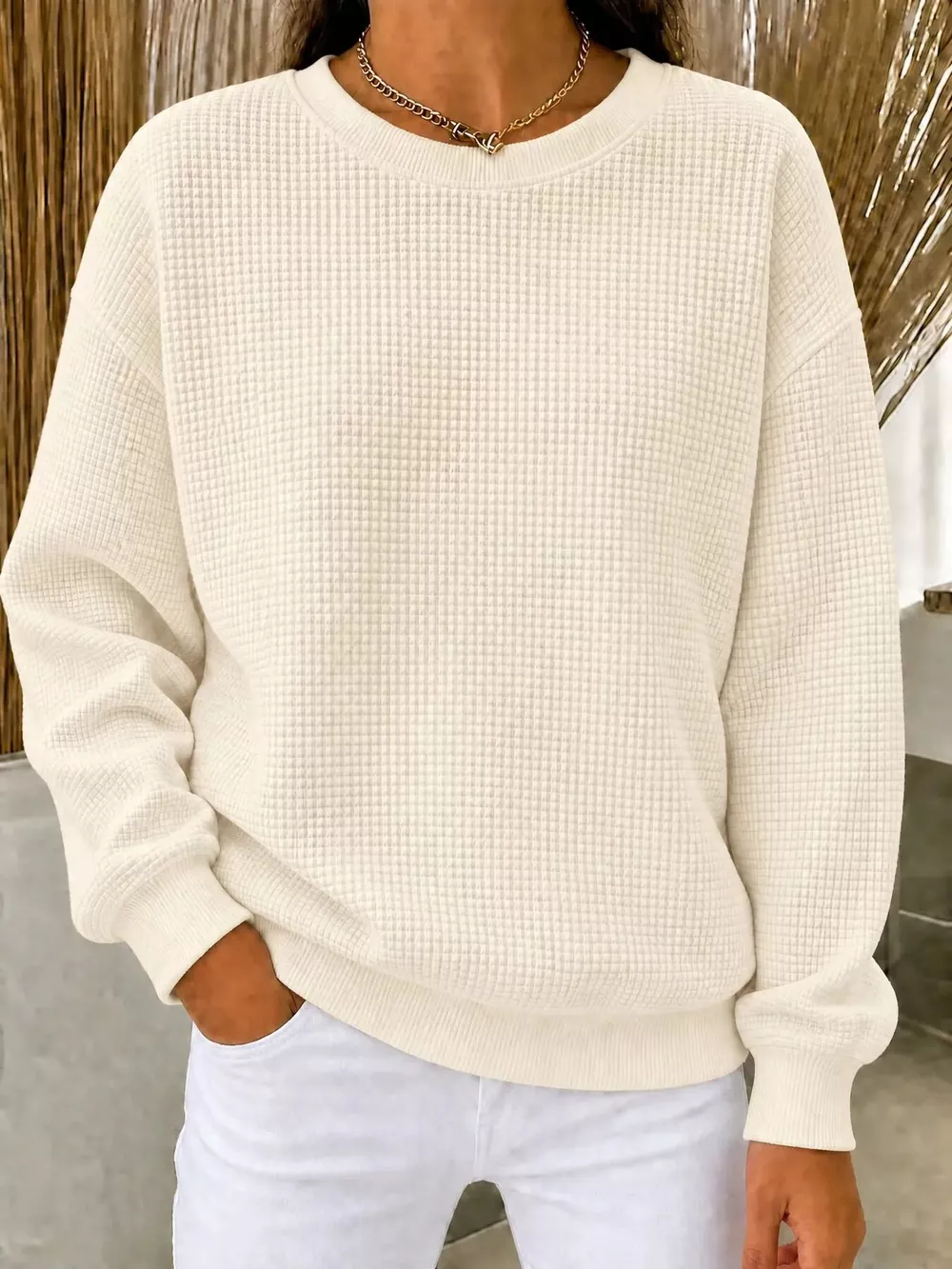 Full Size Waffle Knit Crewneck Sweatshirt Plus Size, image 9