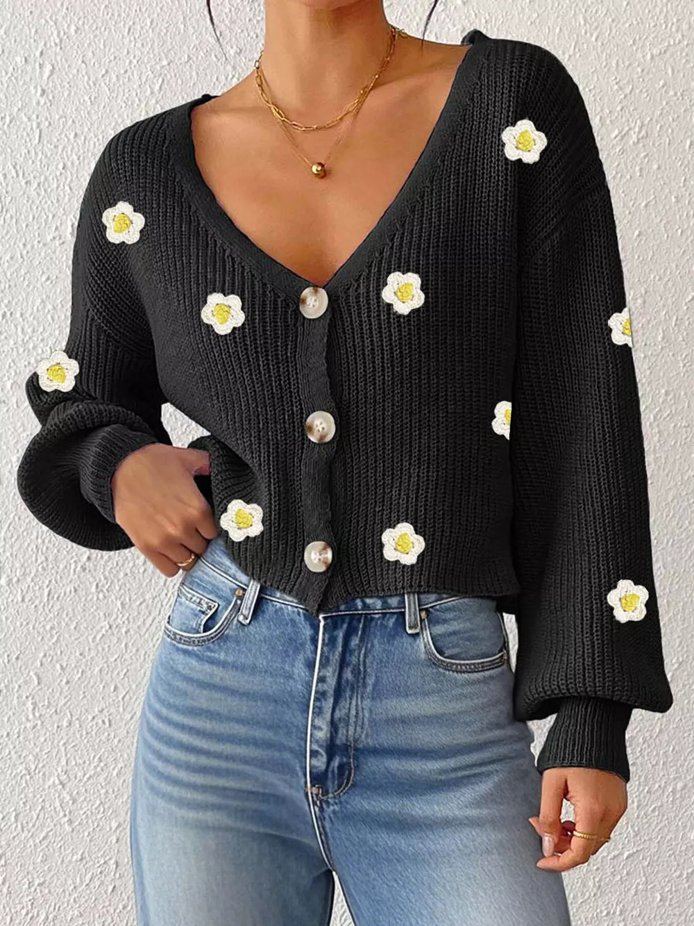 Floral V-Neck Button-Down Cropped Cardigan, image 3