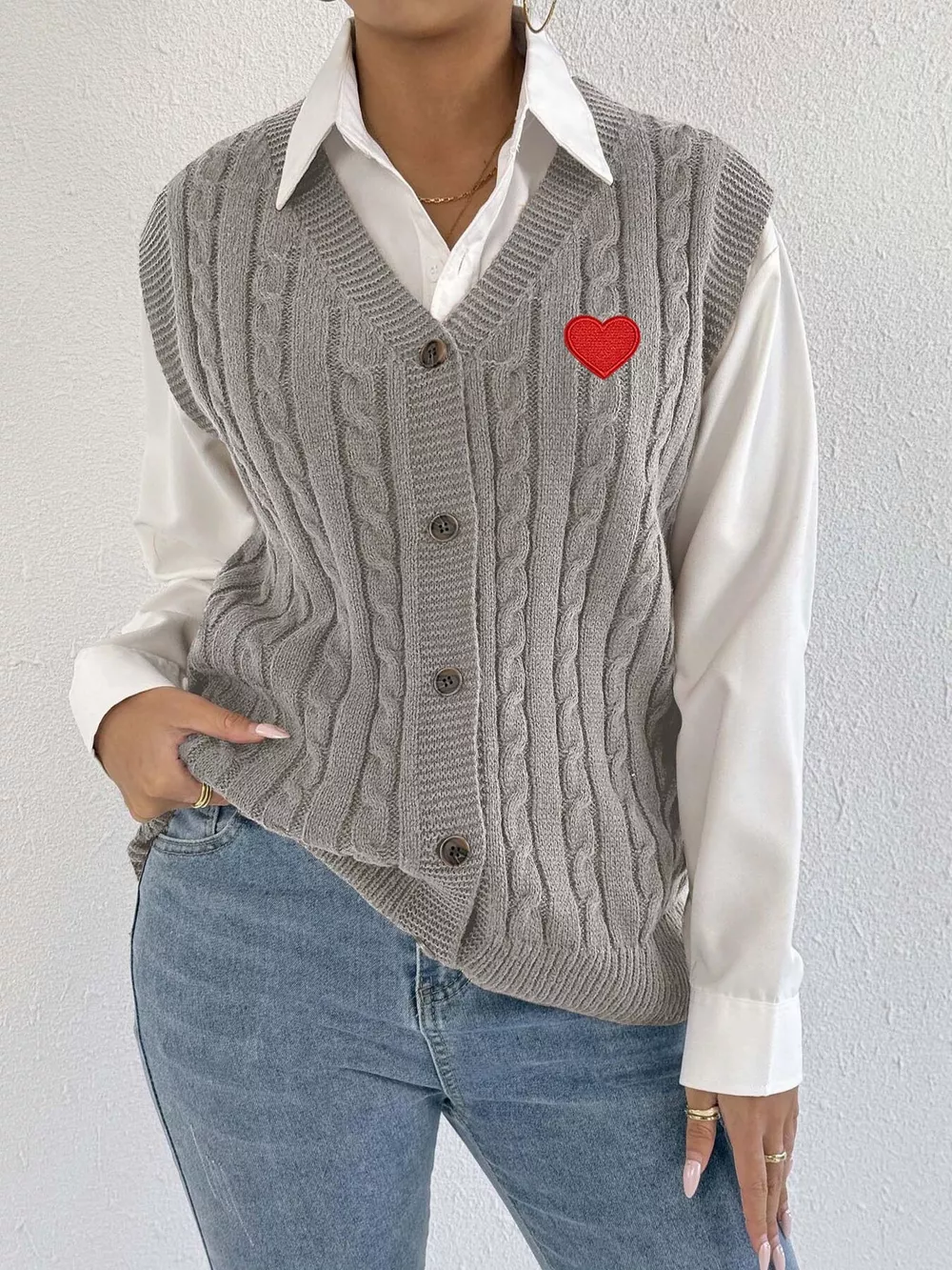 V-Neck Cable Knit Button-Down Sweater Vest with Heart Embroidery, image 14