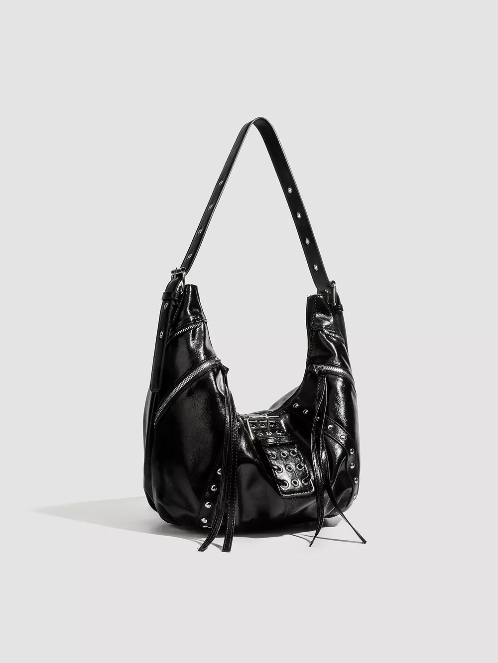 Studded Patent Leather Hobo Shoulder Bag