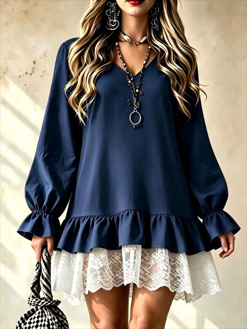 V-Neck Long Sleeve Ruffle Hem Lace Detail Dress, image 7