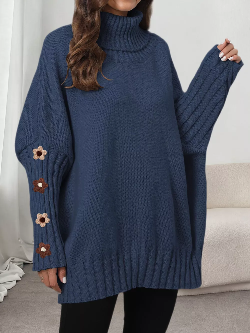 Oversized Turtleneck Sweater with Floral Applique Sleeves, image 14