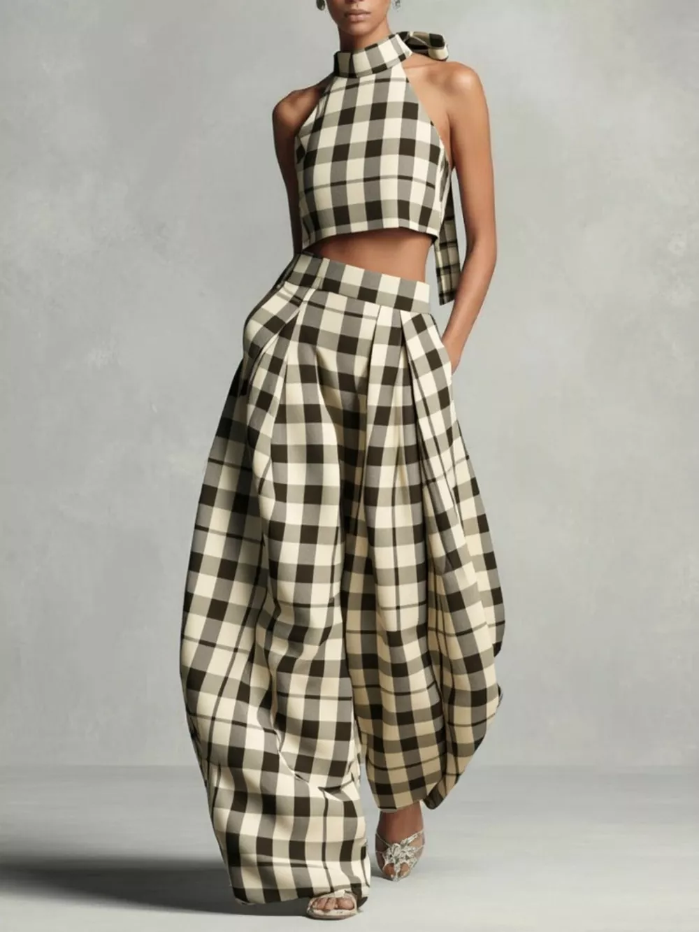 Plaid Halter Neck Crop Top and Wide-Leg Pants Two-Piece Set