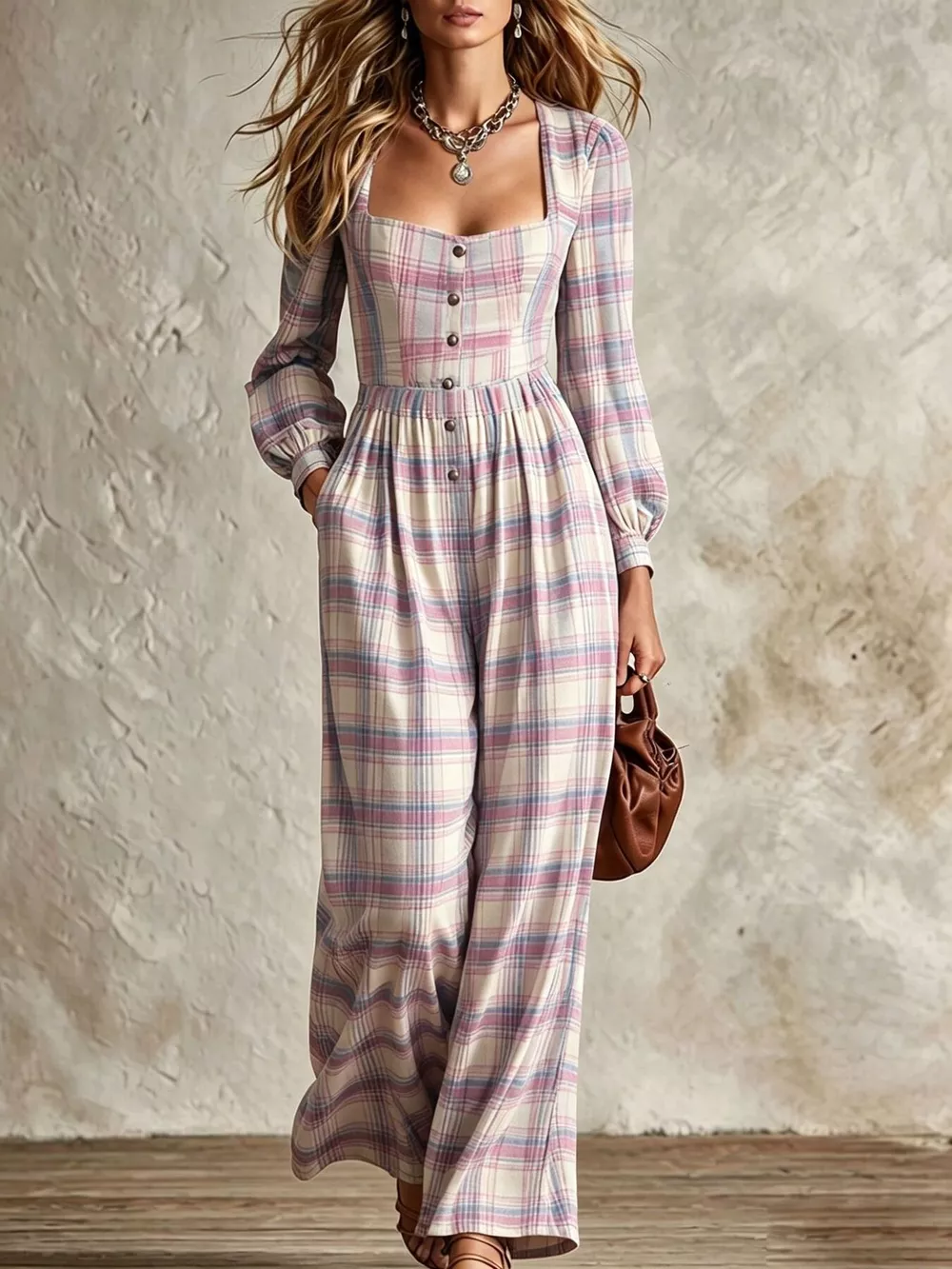 Plaid Square Neck Long Sleeve Wide Leg Jumpsuit, image 4