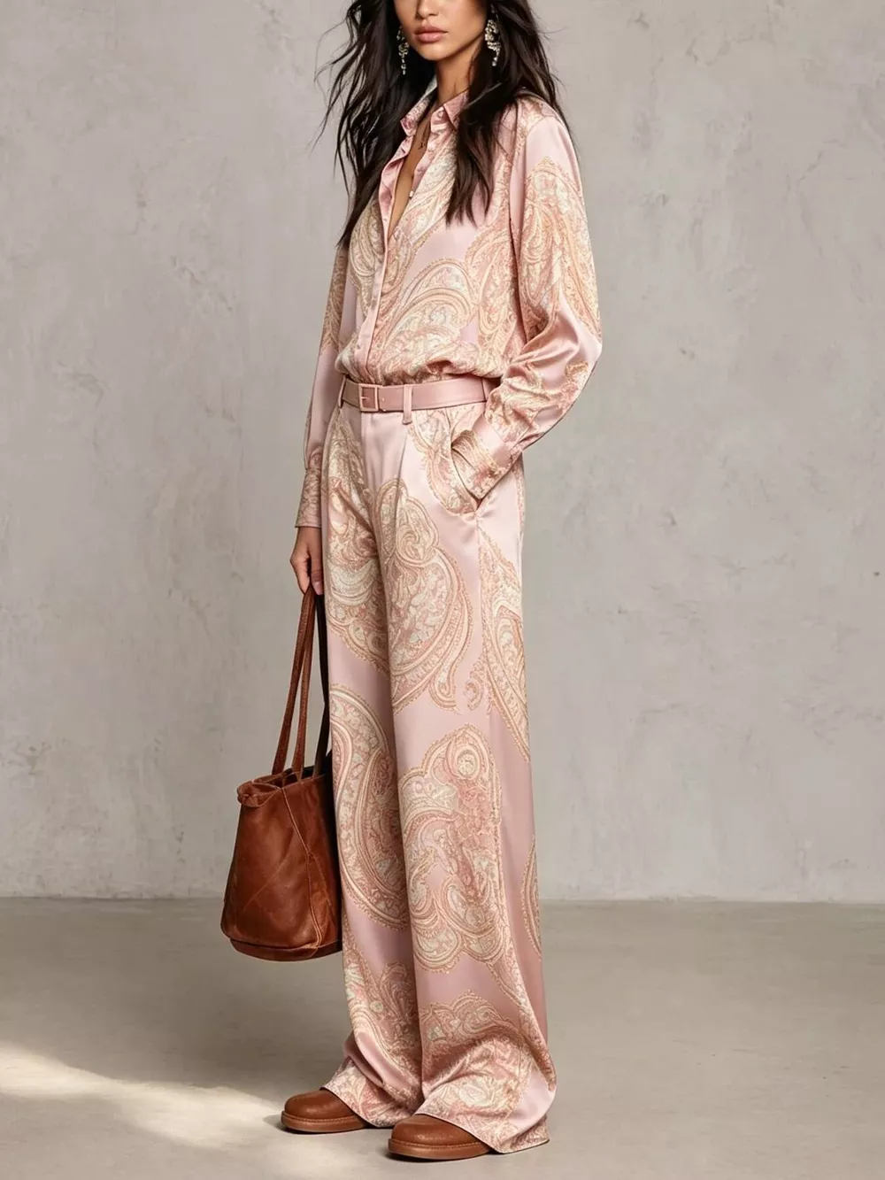 Paisley Print Long Sleeve Shirt and Wide-Leg Pants Set, image 13