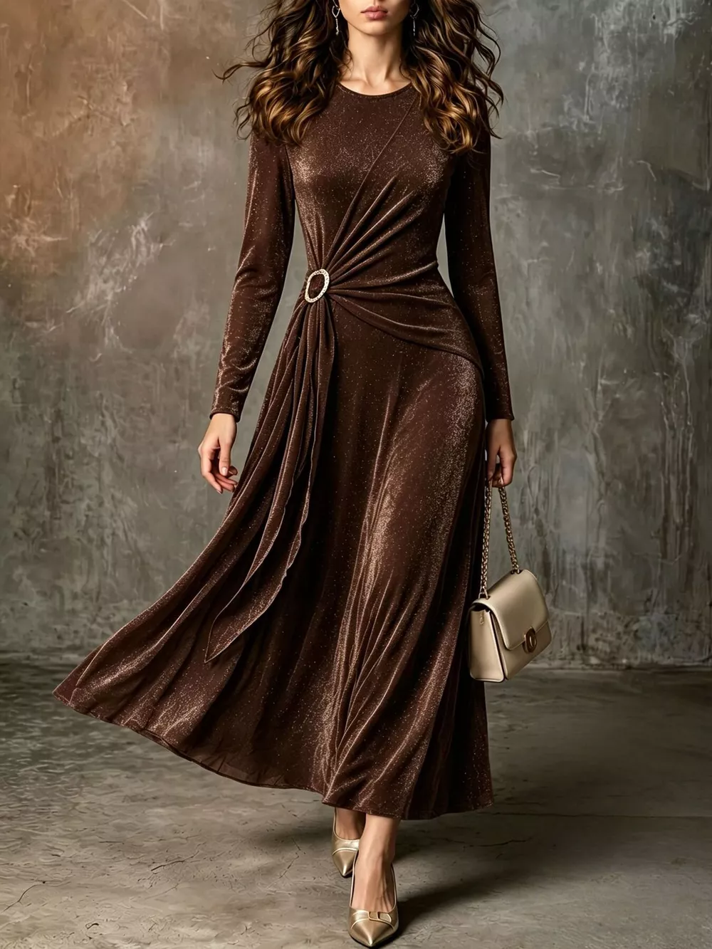 Full Size Velvet Long-Sleeve Maxi Dress with Ring Detail Plus Size, image 3